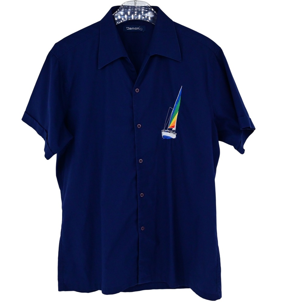 Vintage Hong Kong Button Up Shirt Embroidered Sailboat Workwear 90s Yacht Sail